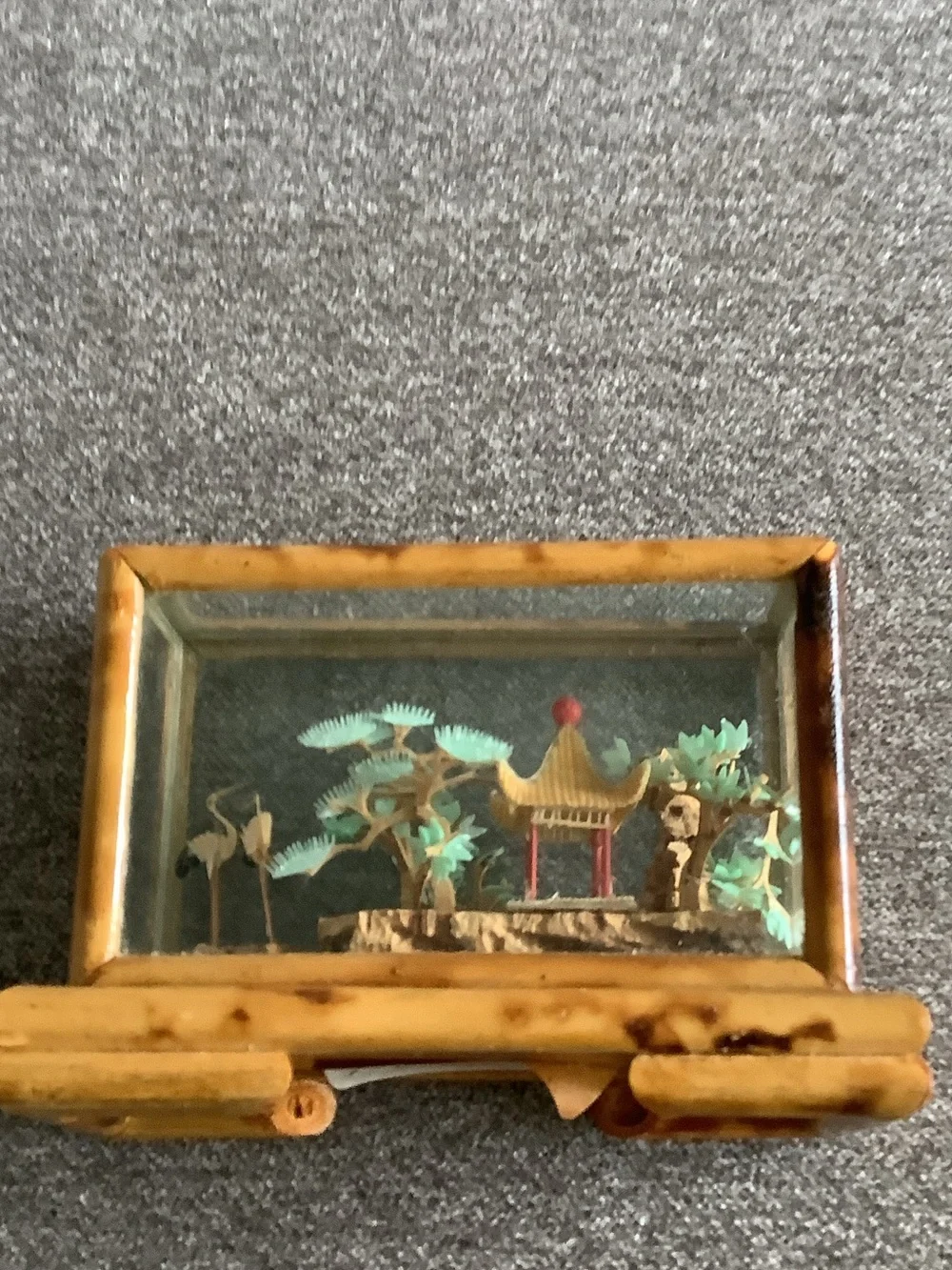 Vintage Style Amber Bamboo Shadow Box with Miniature Pagoda Scene - Picture 2 of 5